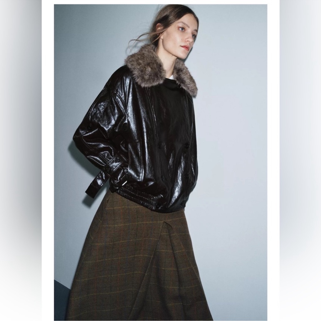 Zara Brown Faux Leather Jacket With Fur Collar